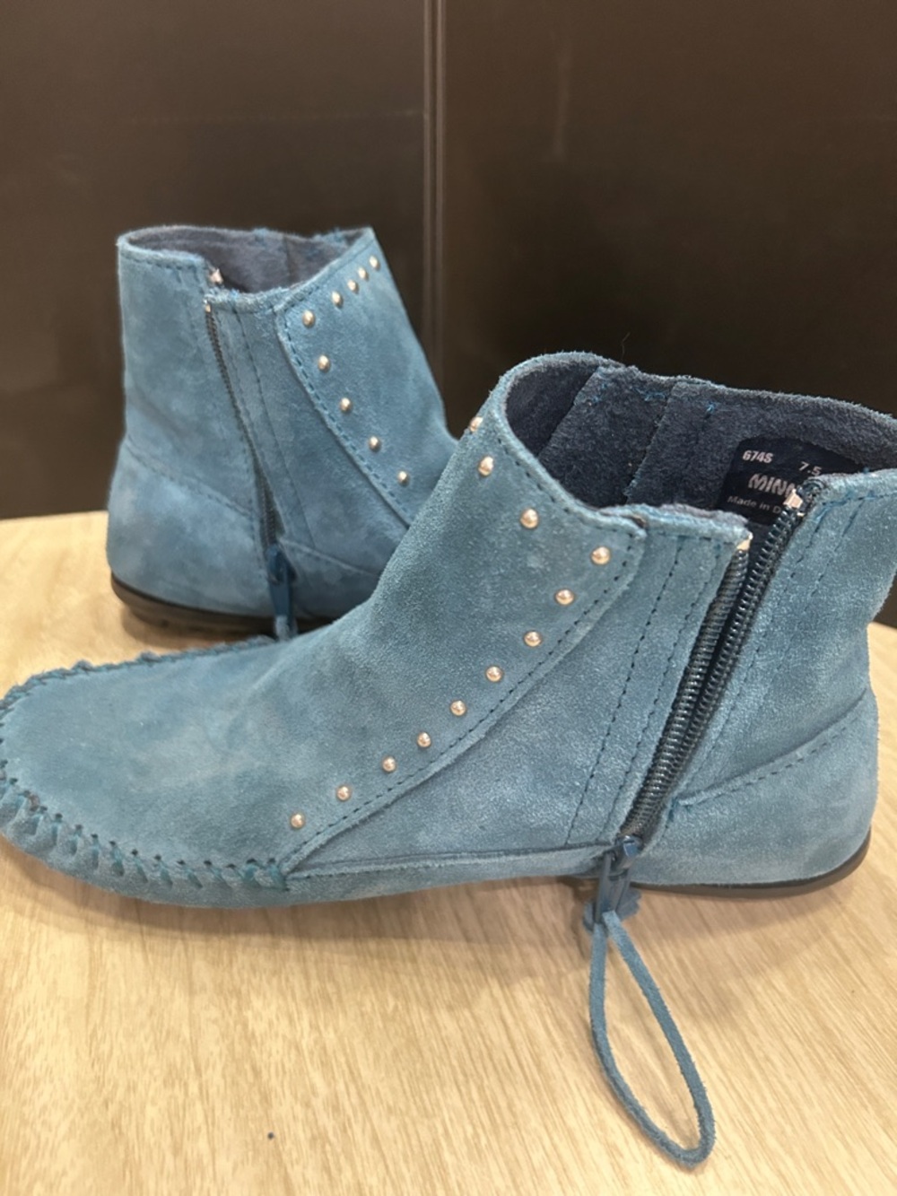 Minnetonka Teal Blue Suede Fringe Moccasin Boots - Picture 6 of 8